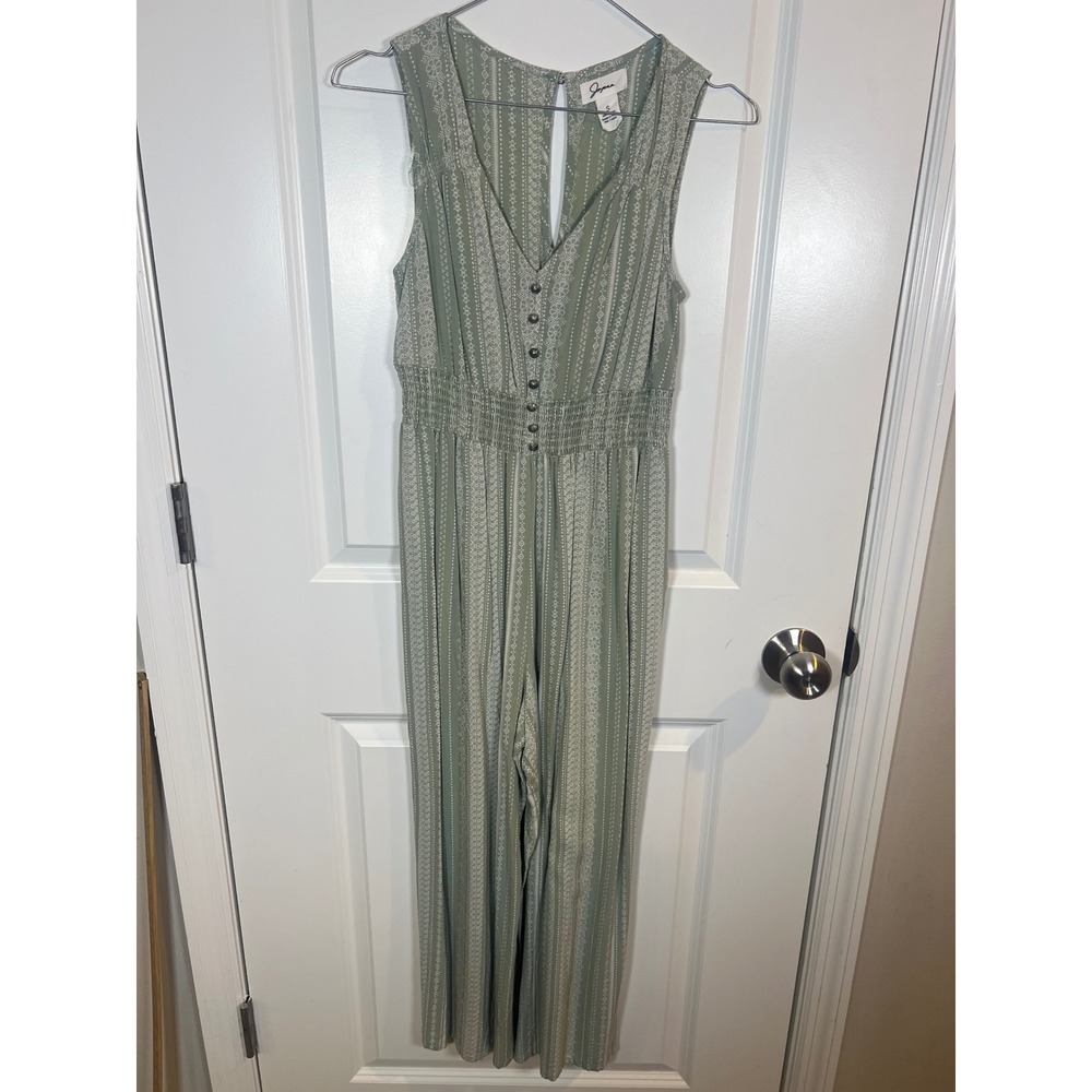 Joymee Womens Jumpsuit Smocked Waist Geometric Tribal Stripe Sage Green Small
